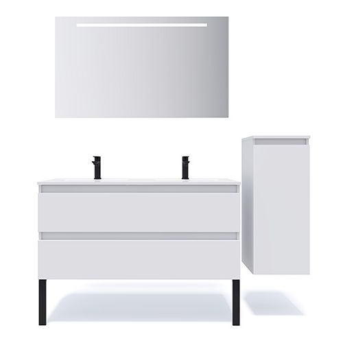 Meuble de salle de bain suspendu double vasque intégrée 120cm 2 tiroirs Blanc + miroir + colonne ouverture droite - Rivage