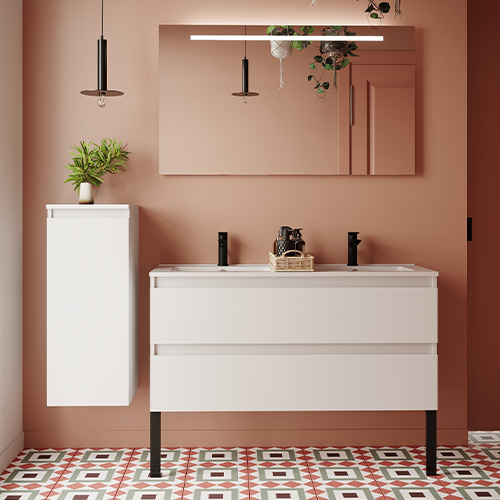 Meuble de salle de bain suspendu double vasque intégrée 120cm 2 tiroirs Blanc + miroir + colonne ouverture gauche - Rivage