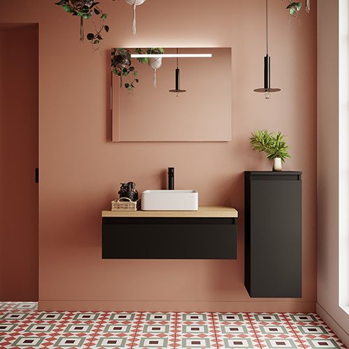Meuble de salle de bain suspendu vasque à poser 90cm 1 tiroir Noir + miroir + colonne ouverture droite - Rivage