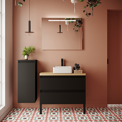 Meuble de salle de bain suspendu vasque à poser 90cm 2 tiroirs Noir + miroir - Rivage