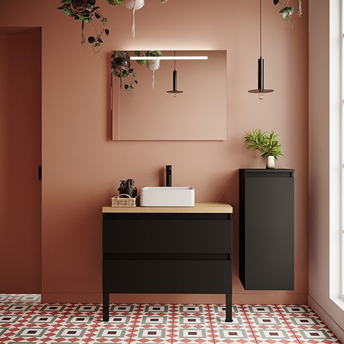Meuble de salle de bain suspendu vasque à poser 90cm 2 tiroirs Noir + miroir + colonne ouverture droite - Rivage