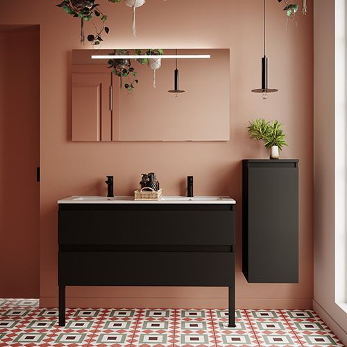 Meuble de salle de bain suspendu double vasque intégrée 120cm 2 tiroirs Noir + miroir + colonne ouverture droite - Rivage