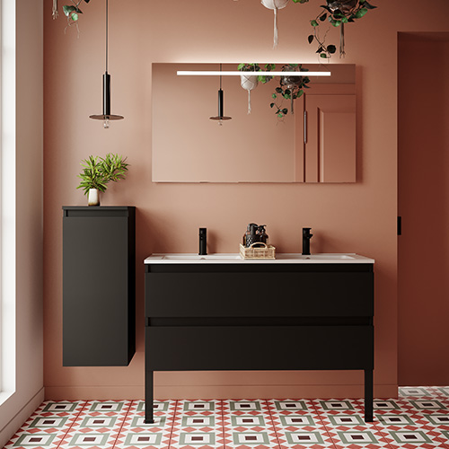 Meuble de salle de bain suspendu double vasque intégrée 120cm 2 tiroirs Noir + miroir + colonne ouverture gauche - Rivage