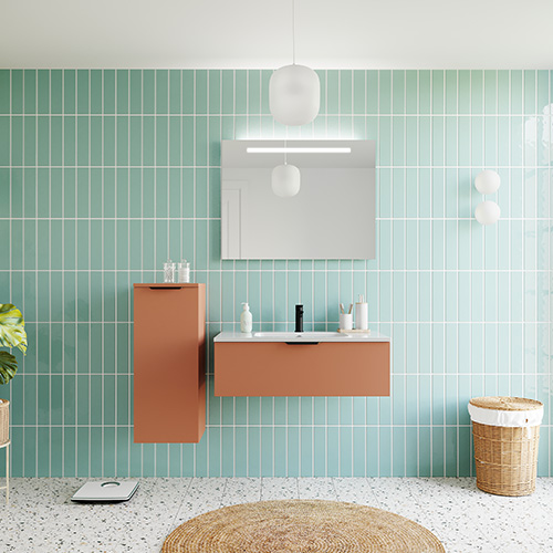 Meuble de salle de bain suspendu vasque intégrée 90cm 1 tiroir Terracotta + miroir - Soho