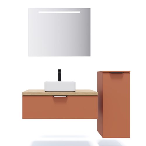 Meuble de salle de bains 90 cm Terracotta - 1 tiroir - vasque carrée + miroir + demi-colonne ouverture à droite - Loft