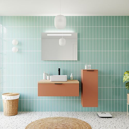Meuble de salle de bain suspendu vasque à poser 90cm 1 tiroir Terracotta + miroir + colonne ouverture droite - Soho