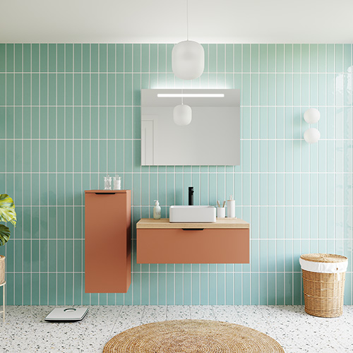 Meuble de salle de bain suspendu vasque à poser 90cm 1 tiroir Terracotta + miroir + colonne ouverture gauche - Soho