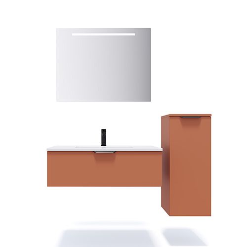 Meuble de salle de bain suspendu vasque intégrée 90cm 1 tiroir Terracotta + miroir + colonne ouverture droite - Soho