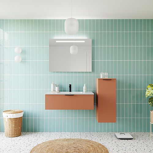 Meuble de salle de bains 90 cm Terracotta - 1 tiroir - simple vasque + miroir + demi-colonne ouverture à droite - Loft