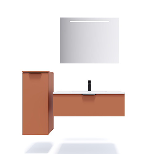 Meuble de salle de bains 90 cm Terracotta - 1 tiroir - simple vasque + miroir + demi-colonne ouverture à gauche - Loft