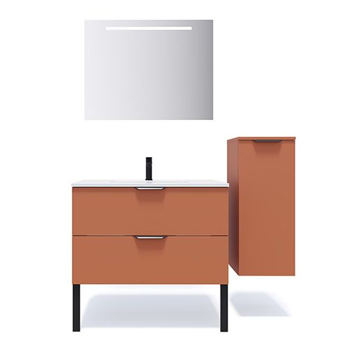 Meuble de salle de bains 90 cm Terracotta - 2 tiroirs - simple vasque + miroir + demi-colonne ouverture à droite - Loft