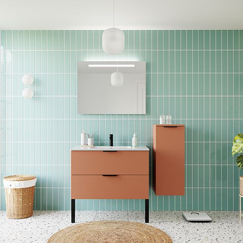 Meuble de salle de bains 90 cm Terracotta - 2 tiroirs - simple vasque + miroir + demi-colonne ouverture à droite - Loft