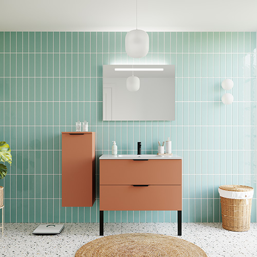 Meuble de salle de bains 90 cm Terracotta - 2 tiroirs - simple vasque + miroir + demi-colonne ouverture à gauche - Loft
