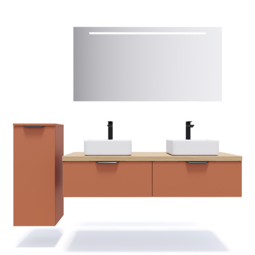 Meuble de salle de bains 140 cm Terracotta - 2 tiroirs - 2 vasques carrées + miroir + demi-colonne ouverture à gauche - Loft
