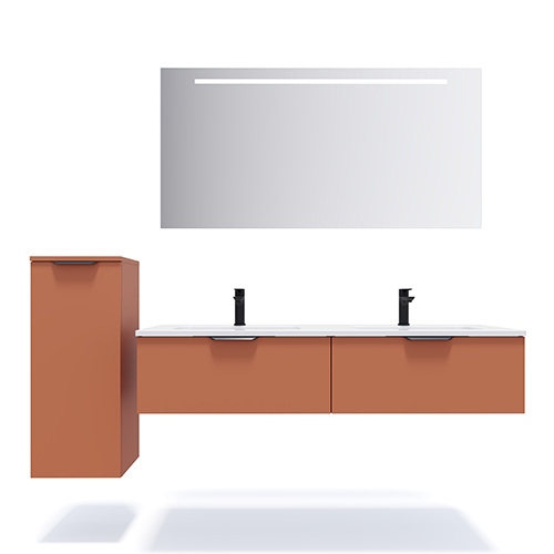 Meuble de salle de bains 140 cm Terracotta - 2 tiroirs - double vasque + miroir + demi-colonne ouverture à gauche - Loft