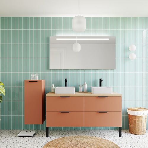 Meuble de salle de bains 140 cm Terracotta - 4 tiroirs - 2 vasques carrées + miroir - Loft