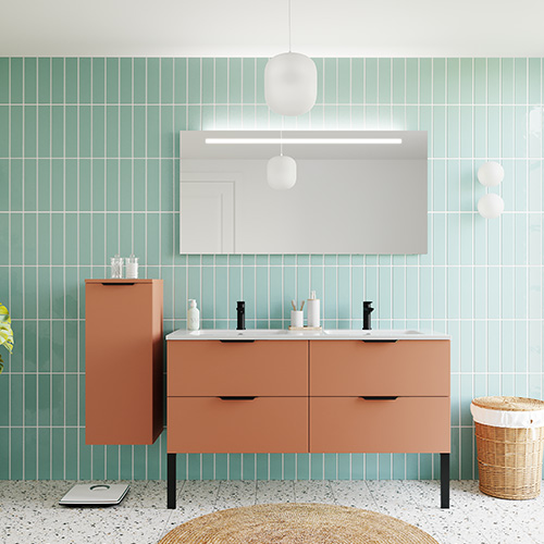 Meuble de salle de bains 140 cm Terracotta - 4 tiroirs - double vasque + miroir - Loft