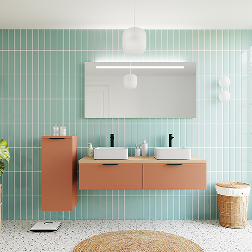 Meuble de salle de bains 140 cm Terracotta - 2 tiroirs - 2 vasques carrées - Loft