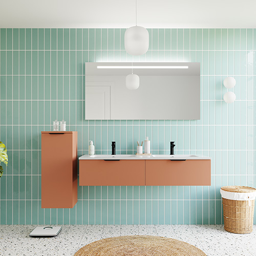 Meuble de salle de bains 140 cm Terracotta - 2 tiroirs - double vasque + miroir - Loft