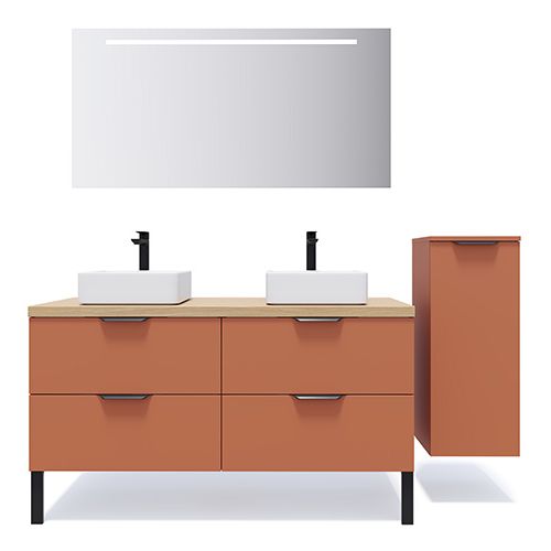 Meuble de salle de bains 140 cm Terracotta - 4 tiroirs - 2 vasques carrées + miroir + demi-colonne ouverture à droite - Loft