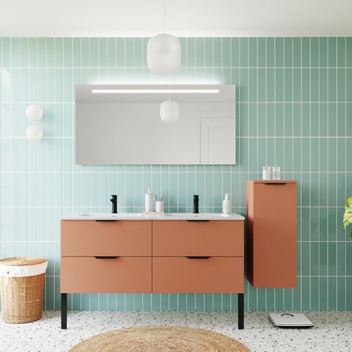 Meuble de salle de bains 140 cm Terracotta - 4 tiroirs - double vasque + miroir + demi-colonne ouverture à droite - Loft