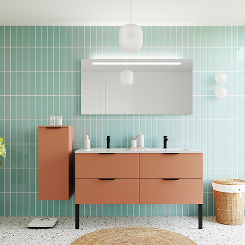 Meuble de salle de bains 140 cm Terracotta - 4 tiroirs - double vasque + miroir + demi-colonne ouverture à gauche - Loft