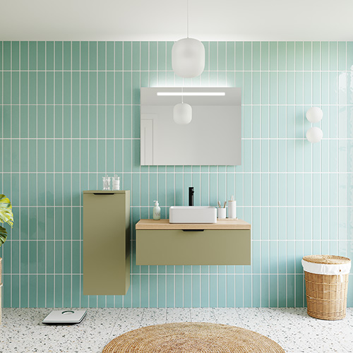 Meuble de salle de bains 90 cm Olive - 1 tiroir - vasque carrée + miroir - Loft