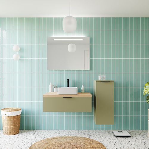Meuble de salle de bains 90 cm Olive - 1 tiroir - vasque carrée + miroir + demi-colonne ouverture à droite - Loft