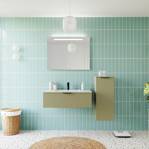 Meuble de salle de bains 90 cm Olive - 1 tiroir - simple vasque + miroir + demi-colonne ouverture à droite - Loft