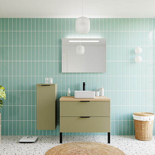 Meuble de salle de bains 90 cm Olive - 2 tiroirs - vasque carrée + miroir + demi-colonne ouverture à gauche - Loft
