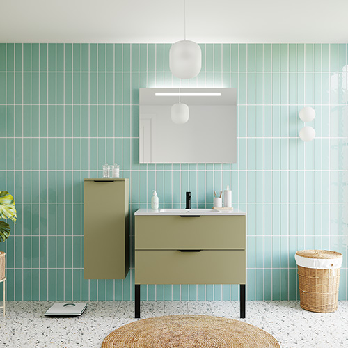 Meuble de salle de bains 90 cm Olive - 2 tiroirs - simple vasque + miroir + demi-colonne ouverture à gauche - Loft