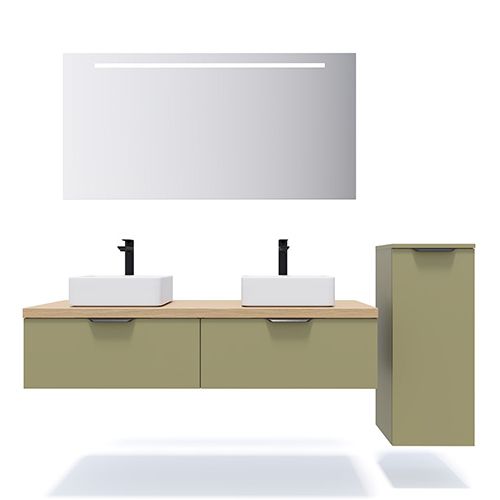 Meuble de salle de bains 140 cm Olive - 2 tiroirs - 2 vasques carrées + miroir + demi-colonne ouverture à droite - Loft