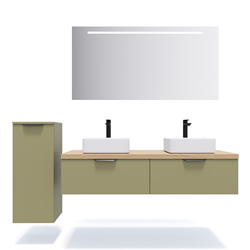Meuble de salle de bains 140 cm Olive - 2 tiroirs - 2 vasques carrées + miroir + demi-colonne ouverture à gauche - Loft