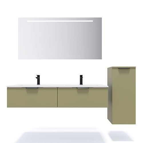 Meuble de salle de bains 140 cm Olive - 2 tiroirs - double vasque + miroir + demi-colonne ouverture à droite - Loft
