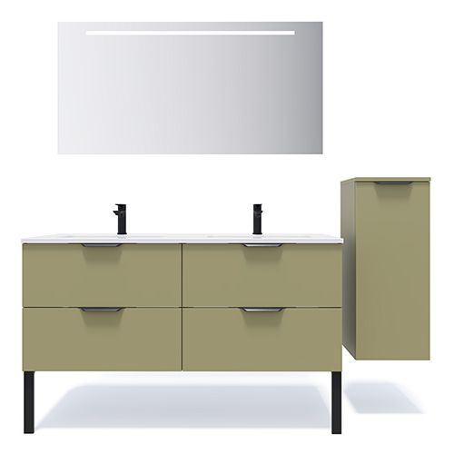 Meuble de salle de bains 140 cm Olive - 4 tiroirs - double vasque + miroir + demi-colonne ouverture à droite - Loft