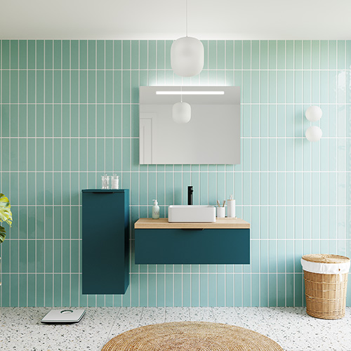 Meuble de salle de bains 90 cm Tropical - 1 tiroir - vasque carrée + miroir + demi-colonne ouverture à gauche - Loft
