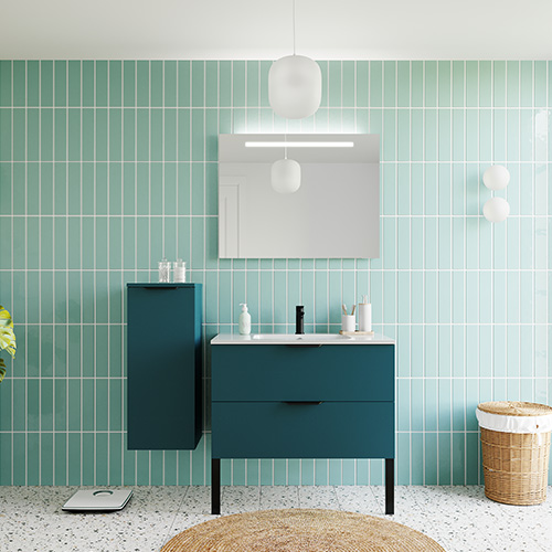 Meuble de salle de bains 90 cm Tropical - 2 tiroirs - simple vasque + miroir - Loft