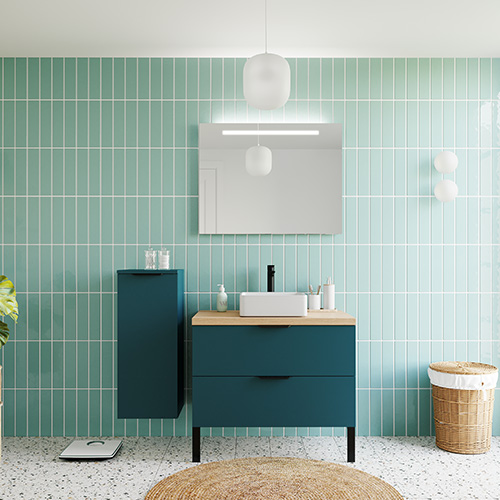 Meuble de salle de bains 90 cm Tropical - 2 tiroirs - vasque carrée + miroir + demi-colonne ouverture à gauche - Loft