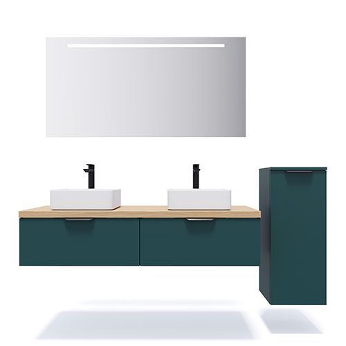 Meuble de salle de bains 140 cm Tropical - 2 tiroirs - 2 vasques carrées + miroir + demi-colonne ouverture à droite - Loft