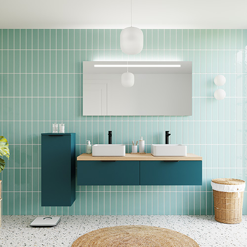 Meuble de salle de bains 140 cm Tropical - 2 tiroirs - 2 vasques carrées + miroir + demi-colonne ouverture à gauche - Loft