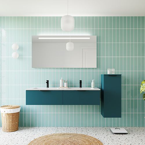Meuble de salle de bains 140 cm Tropical - 2 tiroirs - double vasque + miroir + demi-colonne ouverture à droite - Loft
