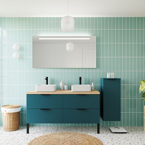 Meuble de salle de bains 140 cm Tropical - 4 tiroirs - 2 vasques carrées + miroir + demi-colonne ouverture à droite - Loft