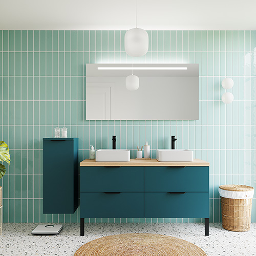 Meuble de salle de bains 140 cm Tropical - 4 tiroirs - 2 vasques carrées + miroir + demi-colonne ouverture à gauche - Loft
