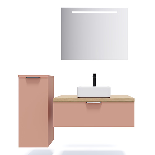 Meuble de salle de bains 90 cm Abricot - 1 tiroir - vasque carrée + miroir + demi-colonne ouverture à gauche - Loft