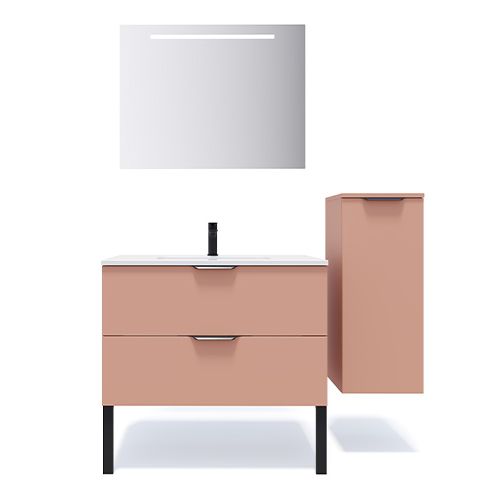 Meuble de salle de bains 90 cm Abricot - 2 tiroirs - simple vasque + miroir + demi-colonne ouverture à droite - Loft