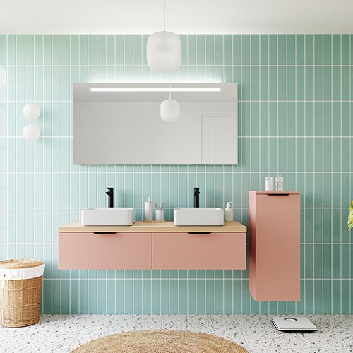 Meuble de salle de bains 140 cm Abricot - 2 tiroirs - 2 vasques carrées + miroir + demi-colonne ouverture à droite - Loft