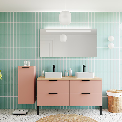 Meuble de salle de bains 140 cm Abricot - 4 tiroirs - 2 vasques carrées + miroir - Loft