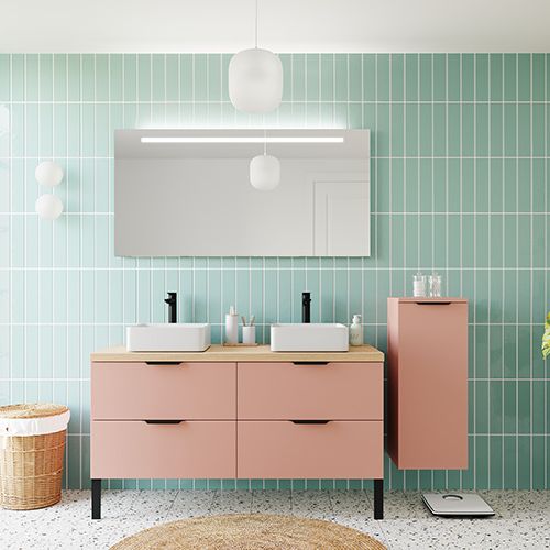 Meuble de salle de bains 140 cm Abricot - 4 tiroirs - 2 vasques carrées + miroir + demi-colonne ouverture à droite - Loft