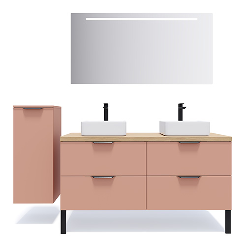 Meuble de salle de bains 140 cm Abricot - 4 tiroirs - 2 vasques carrées + miroir + demi-colonne ouverture à gauche - Loft