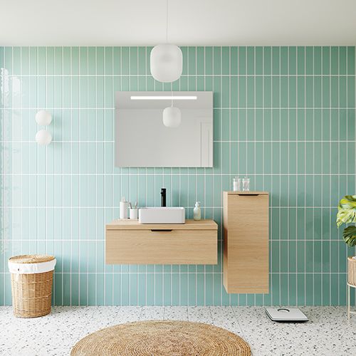 Meuble de salle de bains 90 cm Chêne clair - 1 tiroir - vasque carrée + miroir + demi-colonne ouverture à droite - Loft